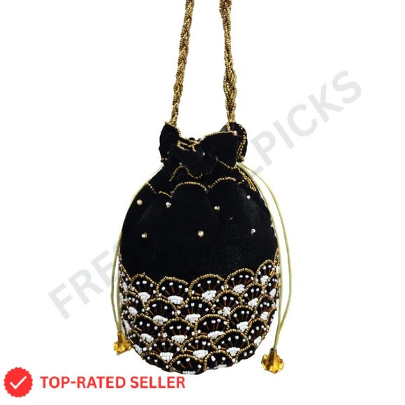 Intricate Beadwork Drawstring Potli Clutch Elegant Evening Bag Handmade - Picture 1 of 7